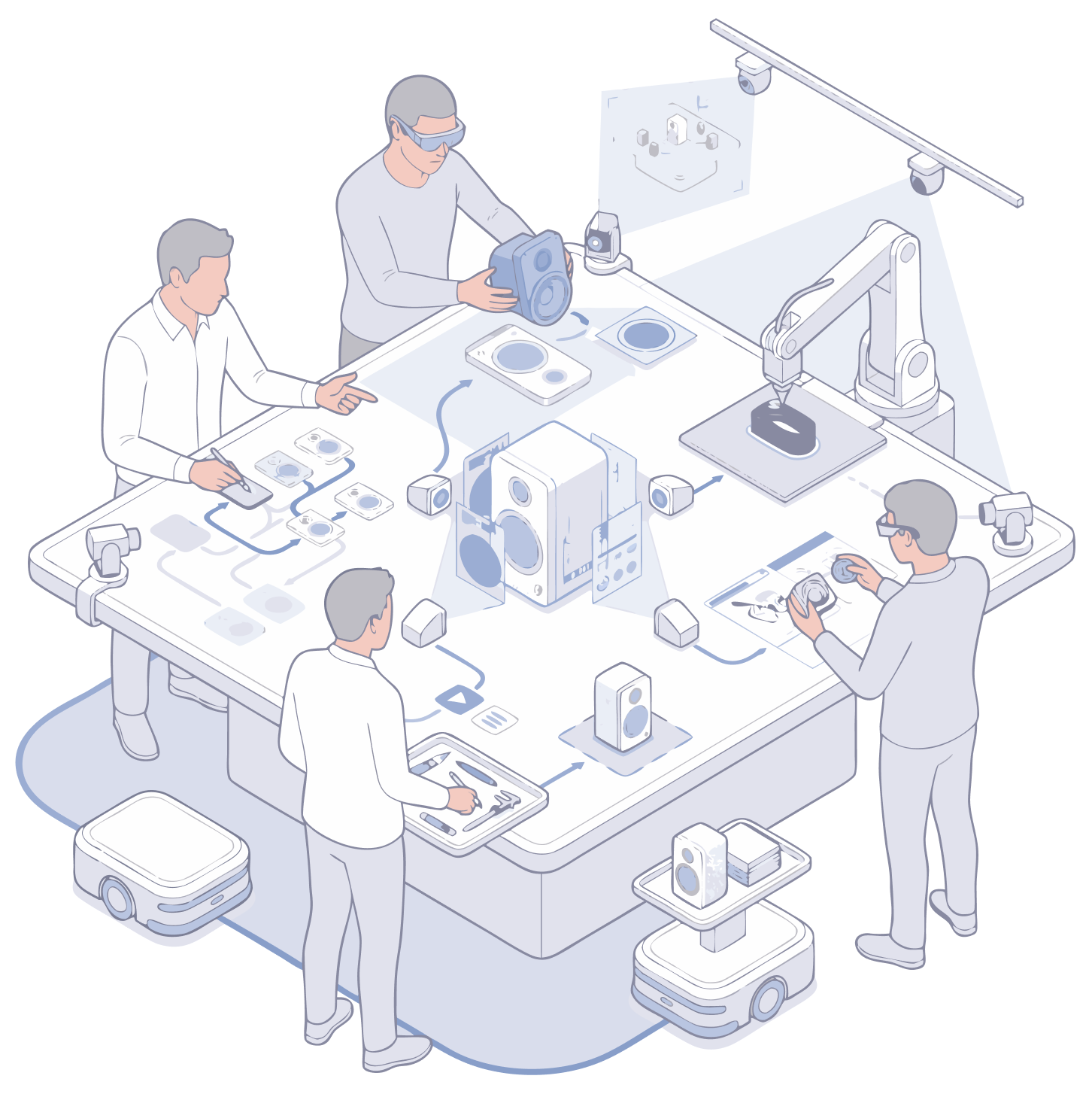 People and AI systems ideating, prototyping, and making together around a shared workspace