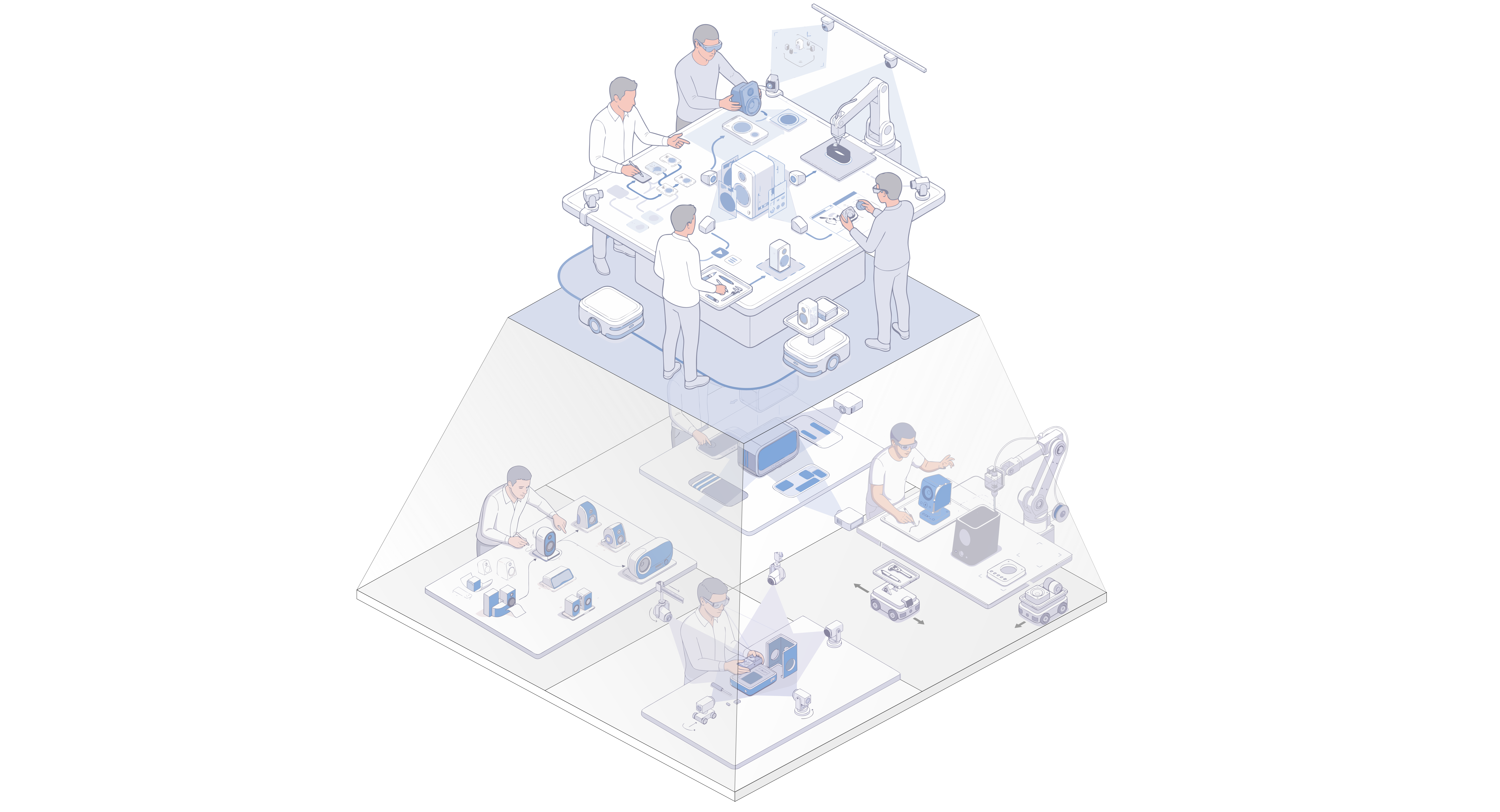Research vision showing people and AI creating together across digital and physical environments.